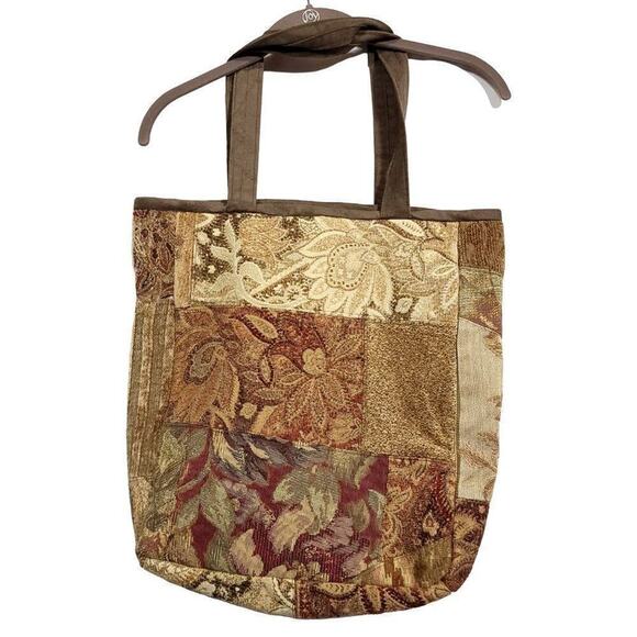 Handmade Tapestry Patchwork Tote Bag Substantial Tan Brown Book Teacher - Picture 2 of 4